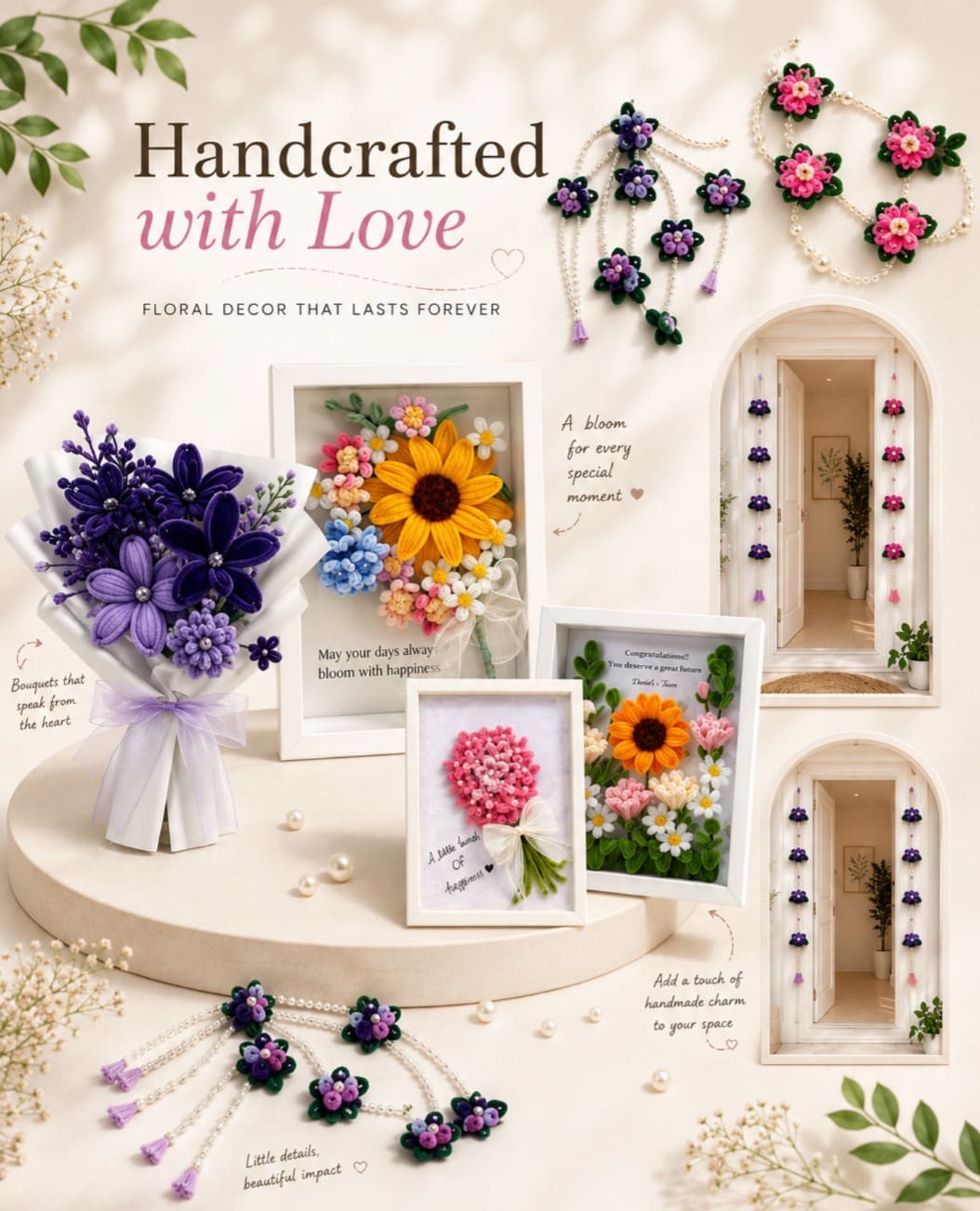 Handcrafted with Love — Sunflora's handmade craft-wire pieces: an everlasting purple bouquet, flower keepsake frames and lotus latkan hangings