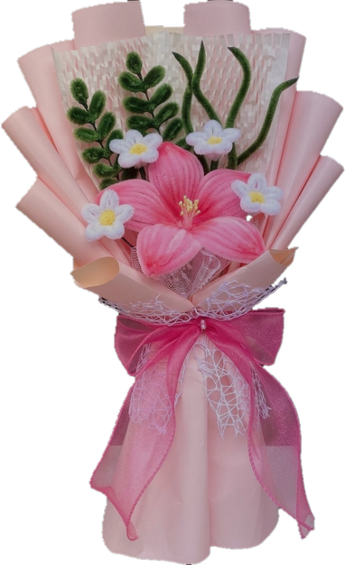 Everlasting Bouquet — a handmade pink lily and white daisies in a blush wrap