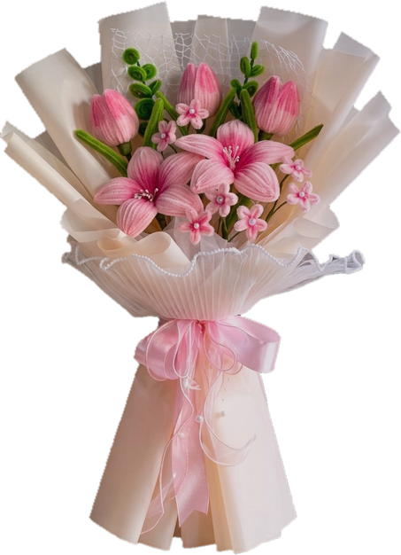 Everlasting Bouquet — handmade pink lilies and tulips in a cream wrap