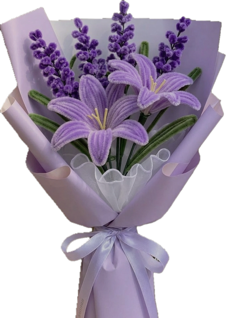 Everlasting Bouquet — handmade lavender lilies and purple lavender sprigs in a lilac wrap