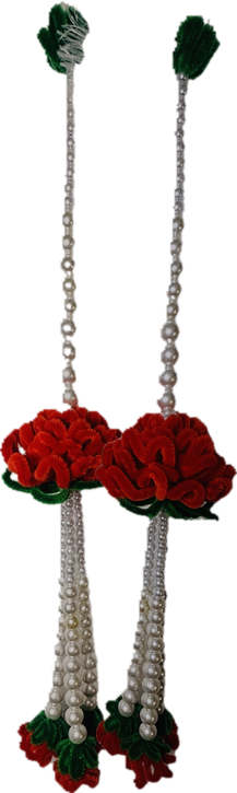 Lotus Decorative Latkan — red velvet roses on triple pearl strands, set of 2