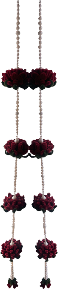 Maroon Lotus Latkan — handmade deep-red velvet lotus blooms on a pearl chain, set of 2