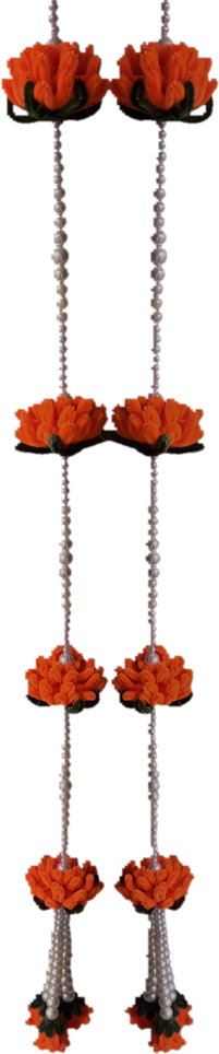Orange Lotus Latkan — handmade orange velvet lotus blooms on a pearl chain, set of 2