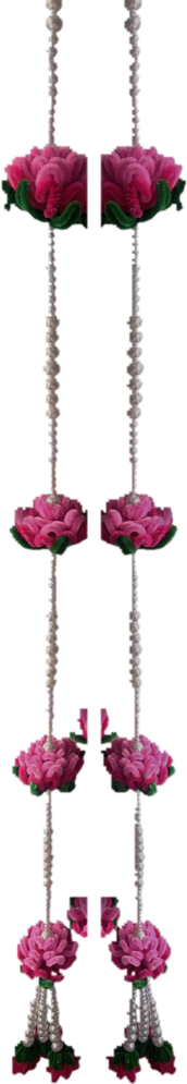 Pink Lotus Latkan — handmade pink velvet lotus blooms on a pearl chain, set of 2