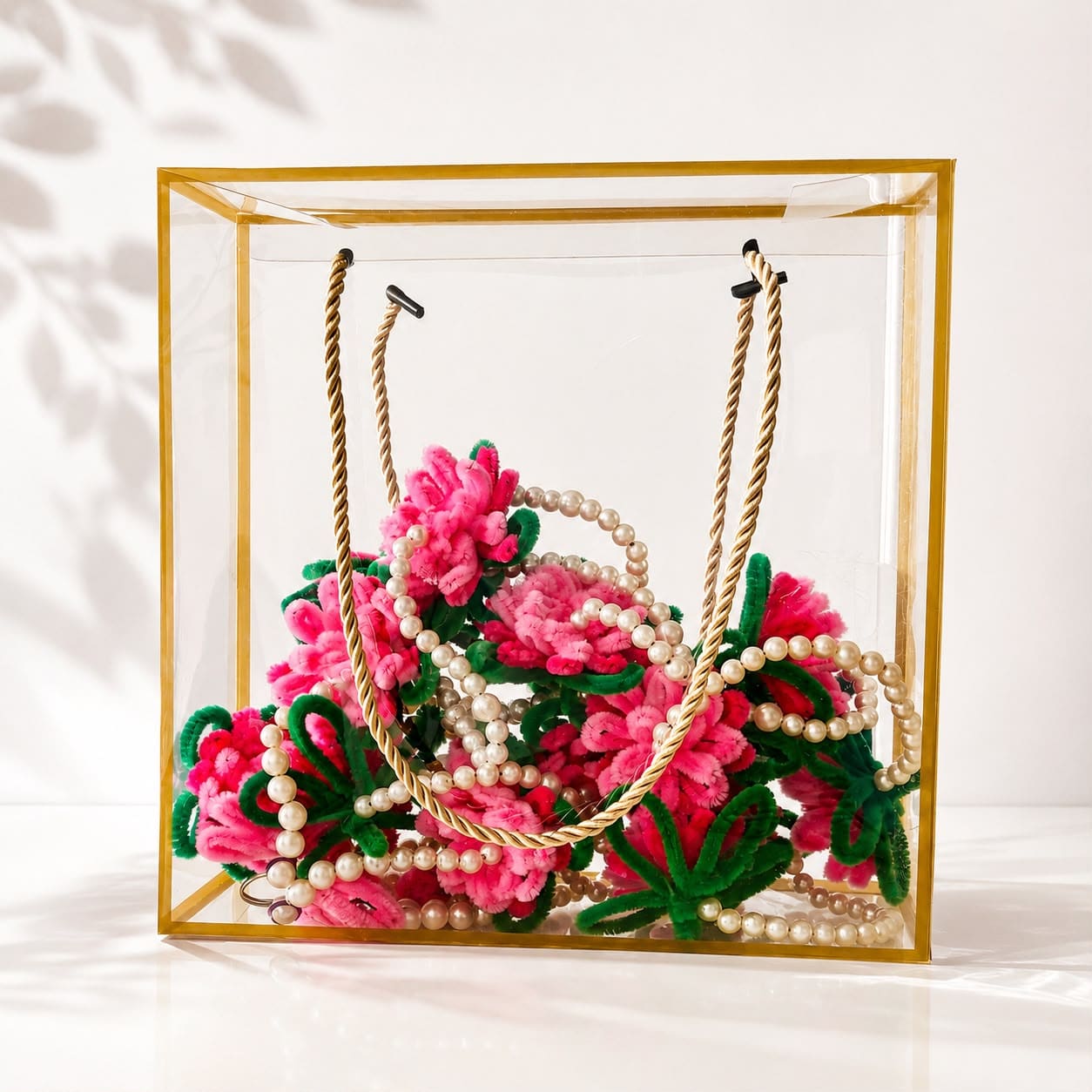 A handmade Sunflora lotus latkan — pink craft-wire lotuses strung with pearls — packed in its clear gift box